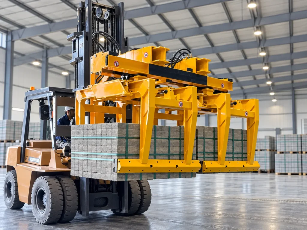 Çift kavrama düzenine sahip sarı forklift blok taşıma ataşmanı, önden görünüm — Görsel 2