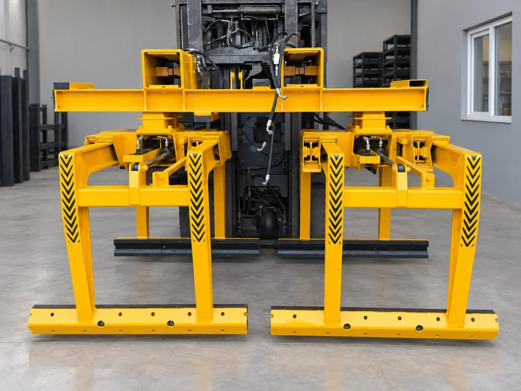 Çift kavrama düzenine sahip sarı forklift blok taşıma ataşmanı, önden görünüm — Görsel 1